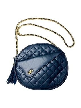 Vintage 80s Koret matelassé Round Navy Leather Purse Gold Chain Strap Crossbody